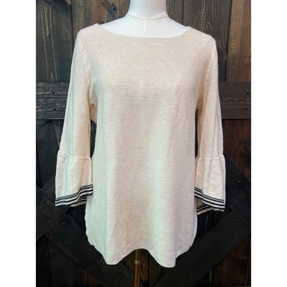 Laurie Felt Cream Cashmere Blend Bell Sleeve Sweater S Striped Cuff Quiet Luxury
